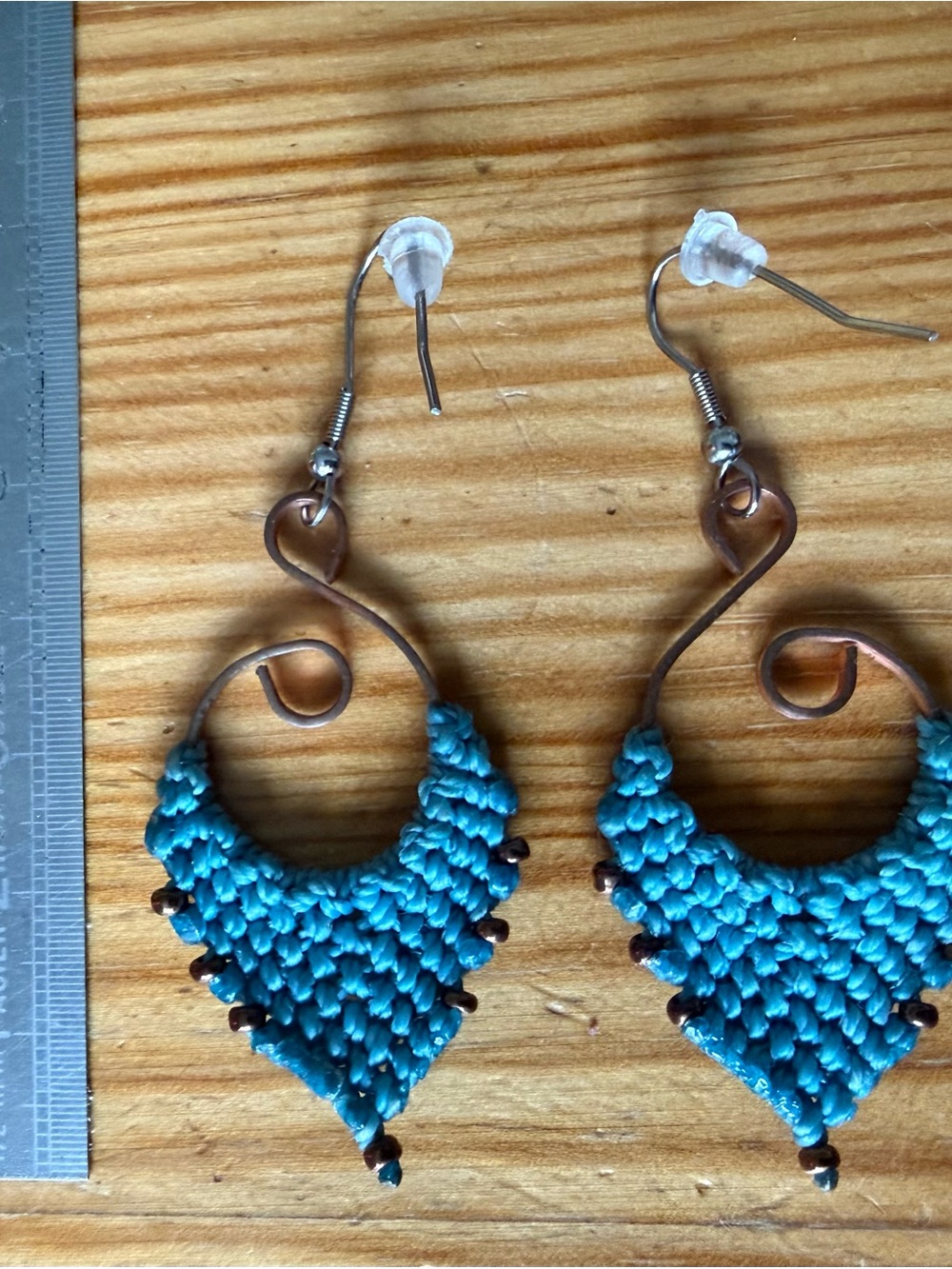 Handmade Macramé and beaded Turquoise Threaded Chevron and copper Drop Earrings - Picture 3 of 4